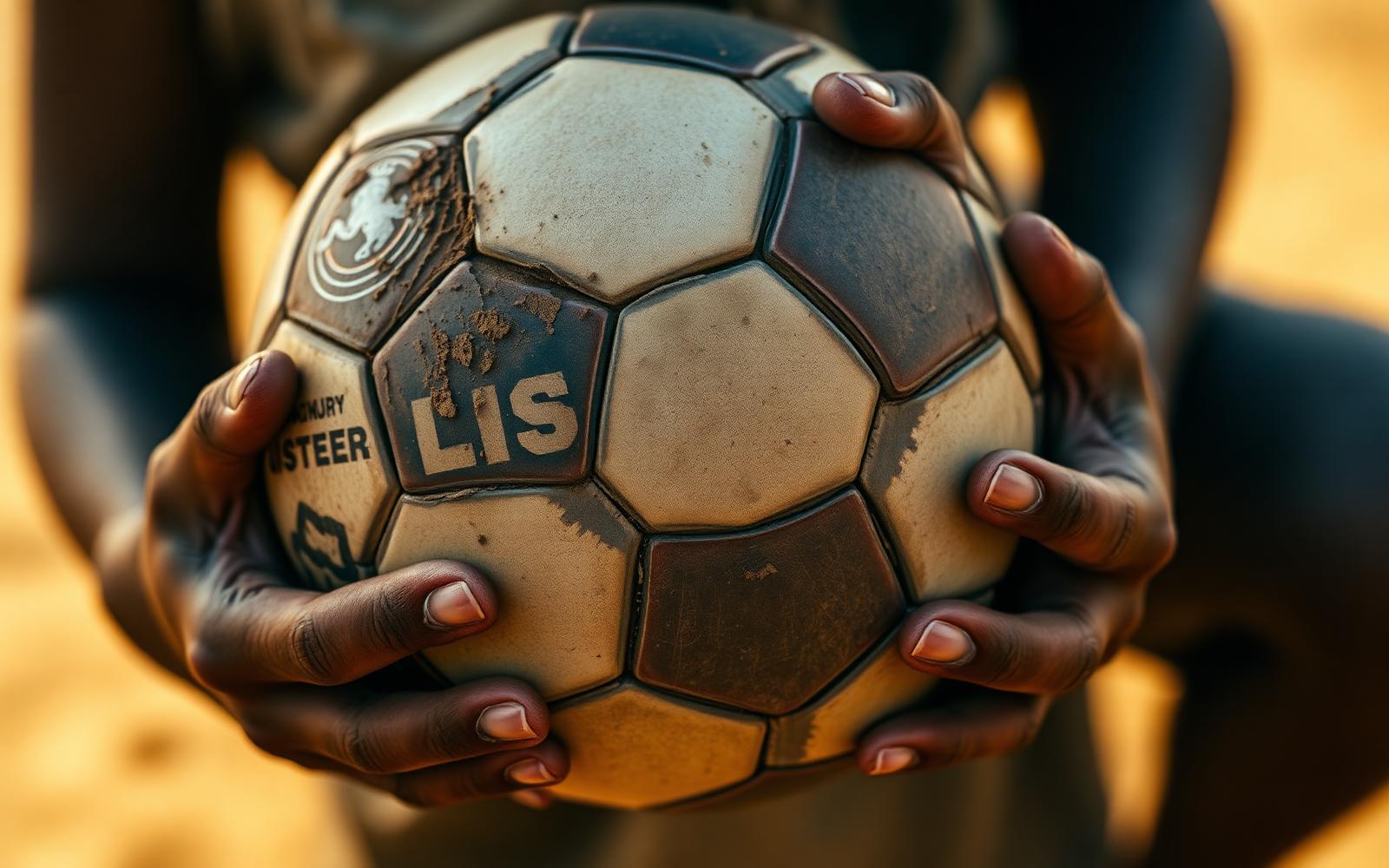 A worn soccer ball held in a child's hands